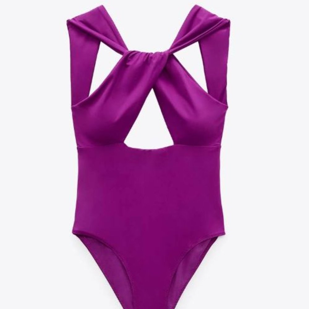 ZARA Crossover Halter Cutout One Piece Swimsuit Plum Magenta Size Large